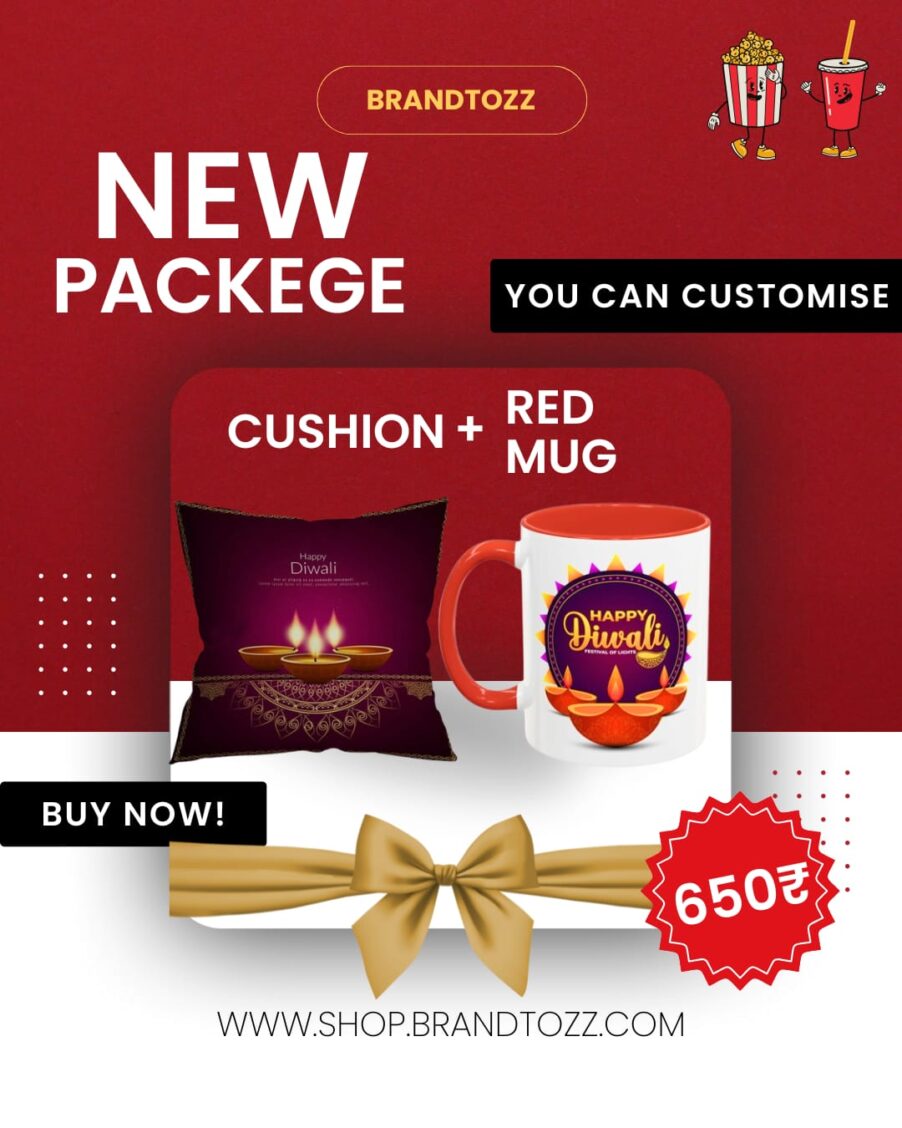 Customised Diwali Gift Combo – Cushion + Red Mug