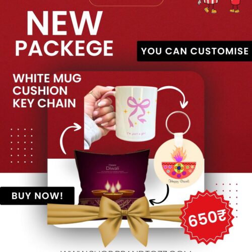 Customizable Gift Combo – White Mug, Cushion & Keychain (Festive Edition)